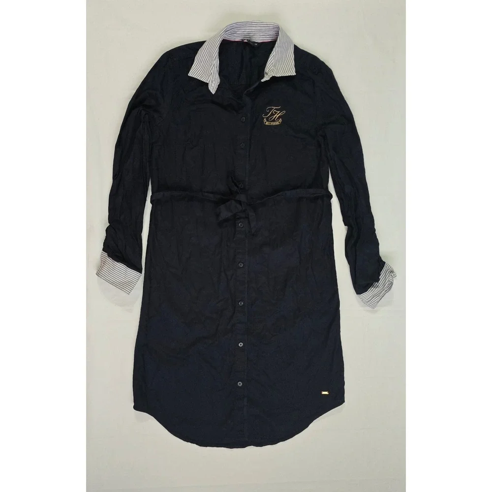 Tommy Hilfiger Navy Blue Crest Button Down Shirt Dress XS Striped Trim Belted